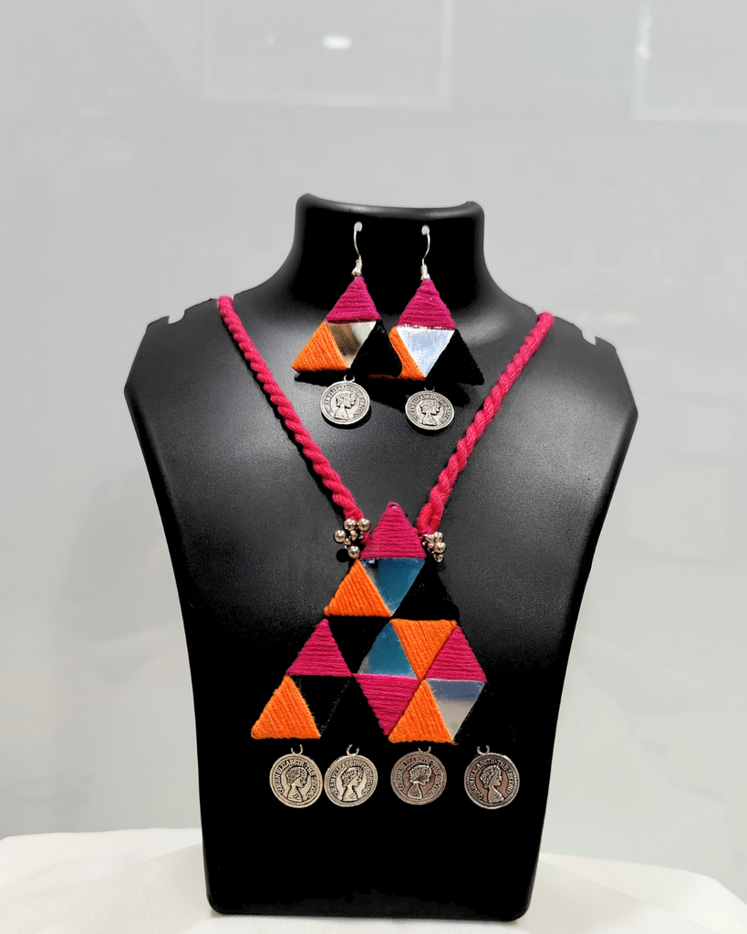 Multi colour cotton Thread & Mirror Necklace.