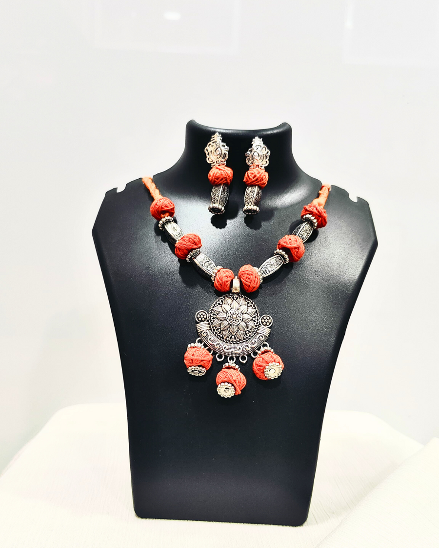 Orange cotton Ball Necklace
