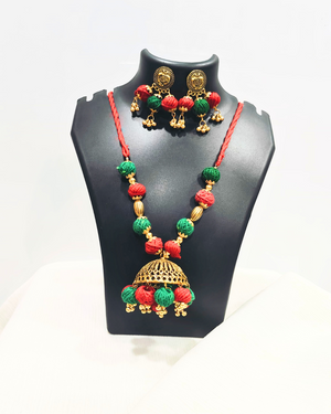 Red And Green cotton ball necklace