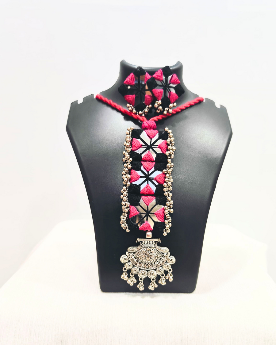 Pink And Black Embroidery Necklace